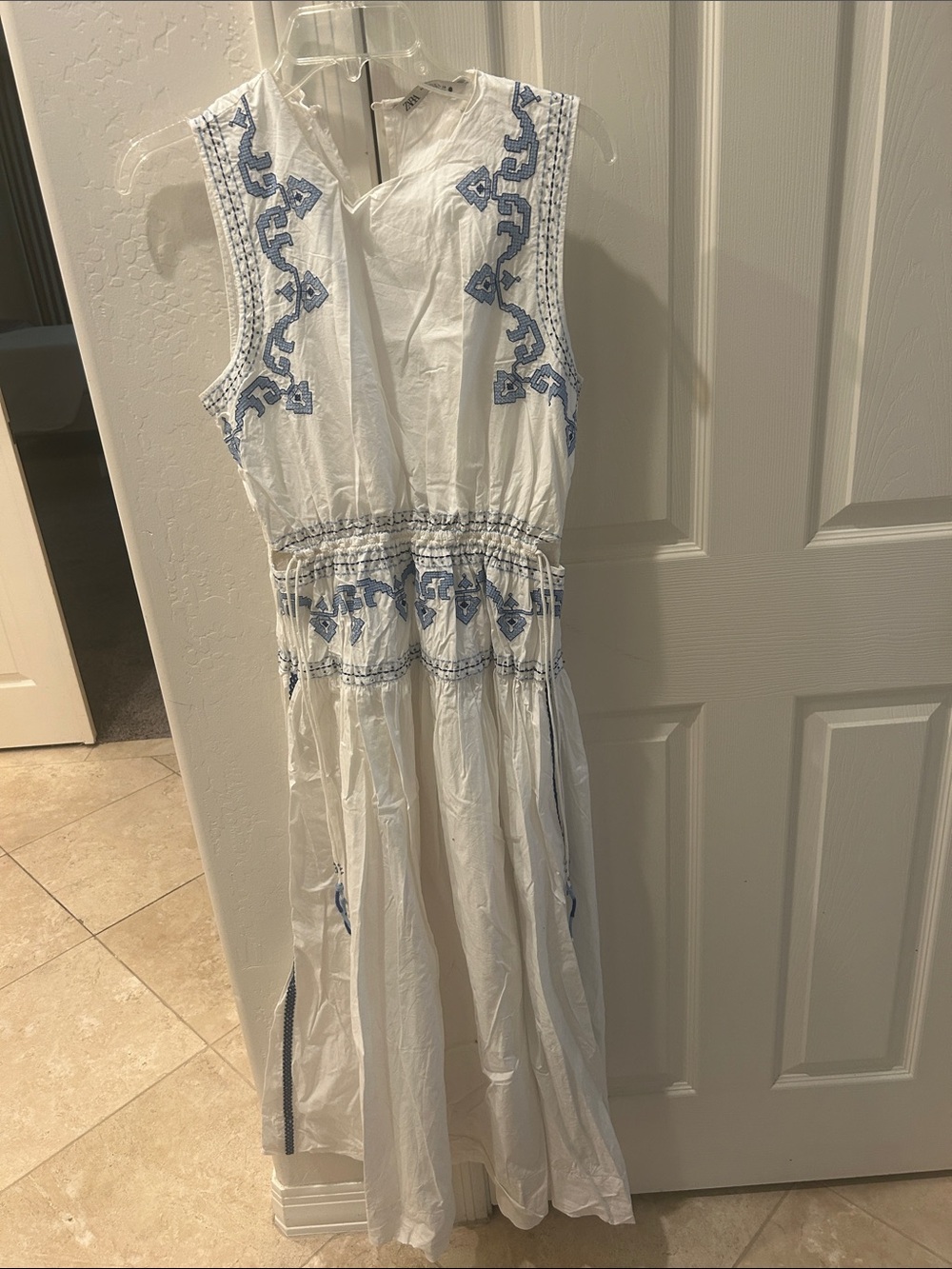 Zara White Maxi Dress with Blue Embroidered Trim